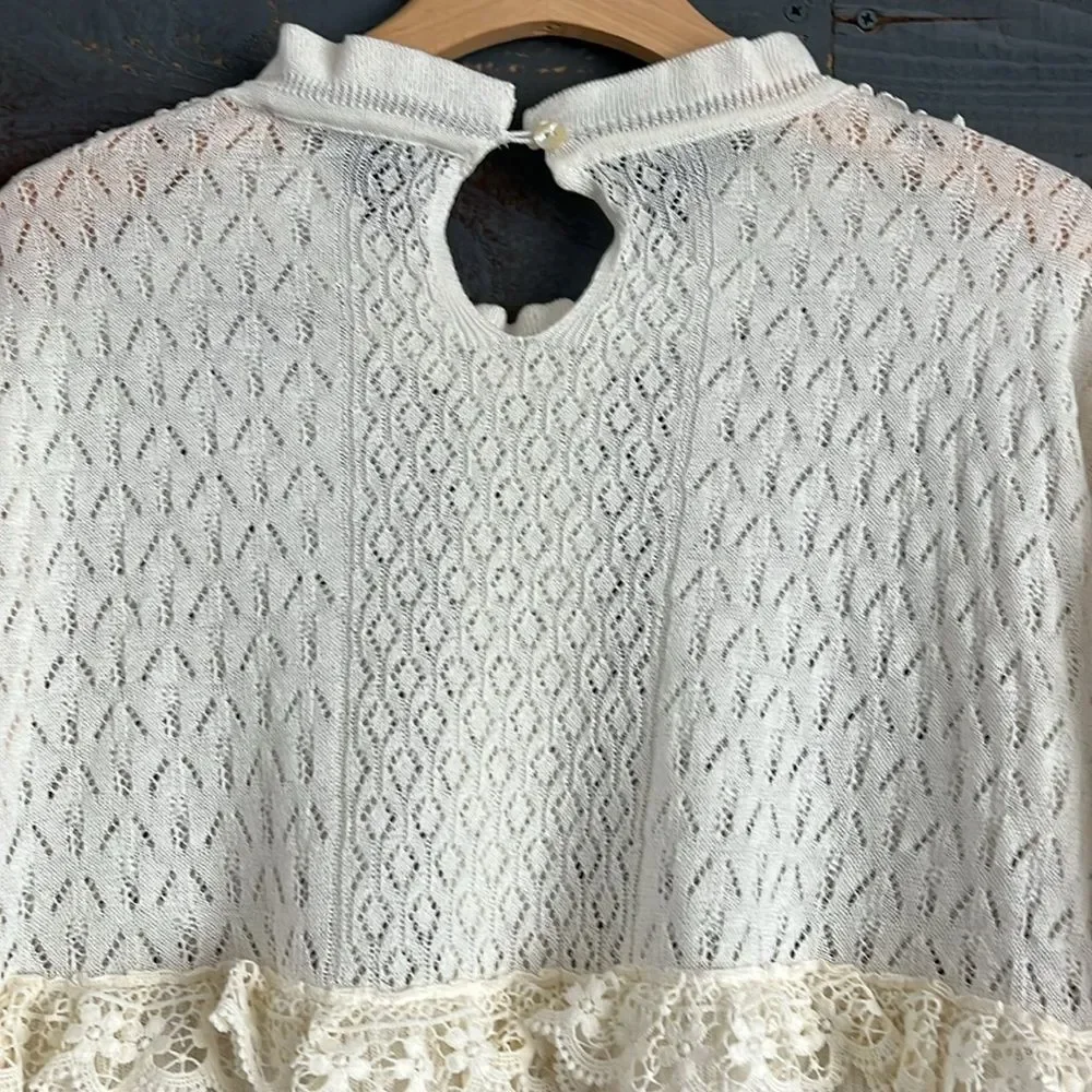 Zara Crochet Laced Knit Babydoll Top Size M Cream Short Sleeves